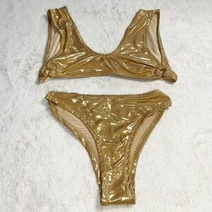 Latini Couture Metallic Gold Shimmer Scoop Neck High Cut Bikini Set Size Small